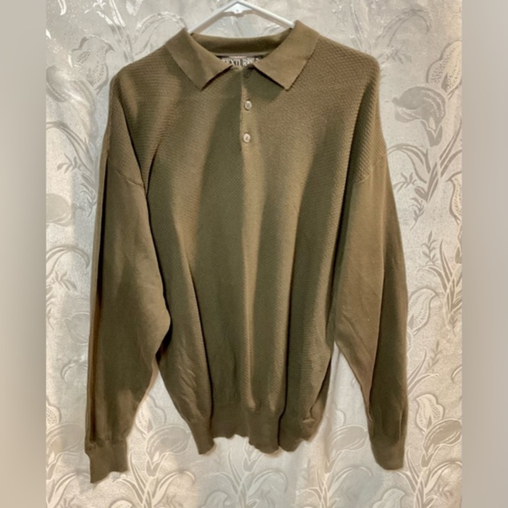 Textures Olive Green Long Sleeve Polo Shirt